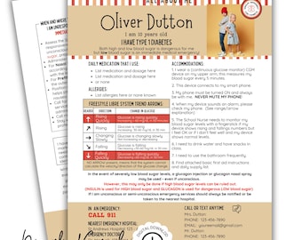 Type 1 Diabetes Medical Alert Template: Editable School Emergency Info (Digital Download)
