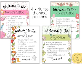 BIENVENIDO al póster de la oficina de ENFERMERÍA ESCOLAR, ¿Tiene un pase?, Impresiones de salud clínica, Letrero del aula de salud, Regreso a la escuela, Boletín de enfermería,