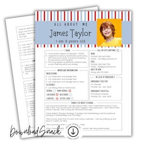 May include: A two-page All About Me information sheet featuring a red and blue striped border, a photo placeholder, and sections for personal details, emergency contacts, medical information, and daily needs, with text printed in black on white paper.