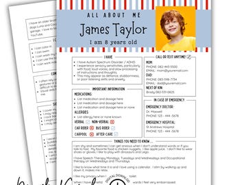 May include: A two-page All About Me information sheet featuring a red and blue striped border, a photo placeholder, and sections for personal details, emergency contacts, medical information, and daily needs, with text printed in black on white paper.