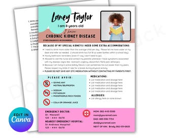 Pode incluir: Um cartão de informação médica rosa e azul para uma criança chamada Laney Taylor. O cartão indica que Laney tem 8 anos e sofre de doença renal crónica. O cartão inclui informações de contacto para os pais de Laney, o médico de emergência e o hospital de emergência mais próximo.