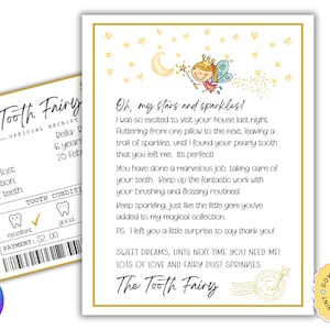 Zahnfee Brief druckbar, bearbeitbare Zahnfee Notiz CANVA Vorlage, offizieller Besuch, erster Zahn, Feenquittung, digitaler Download