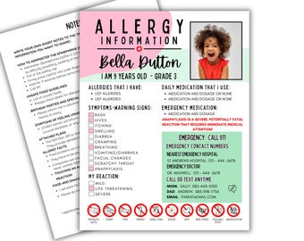 May include: Allergy information sheet for Bella Dutton, a 9-year-old, with a photo. The pink and green document lists allergies, symptoms, and emergency contact information. Includes a list of potential allergens.