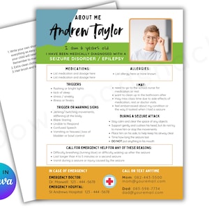 About Me Epilepsy Medical Information, 1st Day of Back to School, Seizure Disorder, Child Info,  Editable Template