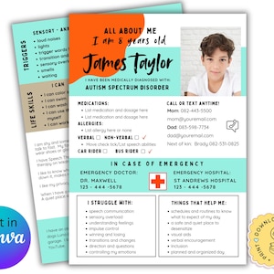 All About Me ADHD Autism SPECIAL NEEDS page,  Disability, Editable Template, 1st Day Back to School, Teacher, Therapist, Care Giver, medical
