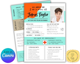 May include: A teal and orange printable card with the title "All About Me" and a photo of a young boy. The card includes information about the boy, including his name, age, and diagnosis of Autism Spectrum Disorder. It also includes contact information for his parents and emergency contacts.