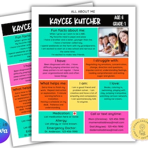 Editable All About Me Child Info Template, Autism Special Needs, ADHD, Speech Disorder, Disability 1st day Back to School, Teacher Therapist