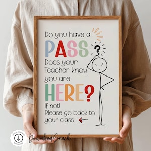 Puede incluir: Un cartel enmarcado con un dibujo de un monigote y el texto: Do you have a PASS Does your Teacher know you are HERE? If not! Please go back to your class. El dise&ntilde;o utiliza letras de colores y una peque&ntilde;a flecha roja hacia la derecha.