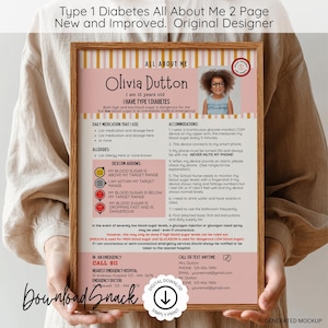 May include: A Type 1 Diabetes All About Me information sheet featuring a photo of a child, sections for daily medication, allergies, and accommodations, a Dexcom arrow guide, emergency contact details, and medical instructions printed on a pink background.