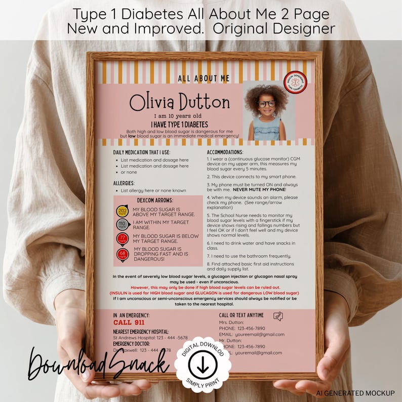 May include: A Type 1 Diabetes All About Me information sheet featuring a photo of a child, sections for daily medication, allergies, and accommodations, a Dexcom arrow guide, emergency contact details, and medical instructions printed on a pink background.