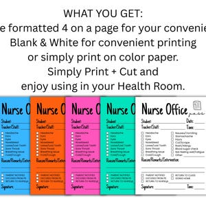 May include: A page of printable nurse office passes in blue, orange, pink, teal, and white. Each pass has a section for student information, symptoms, and a signature line. The text says "Nurse Office pass".