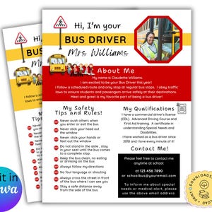 Conozca al conductor del autobús Plantilla editable de Canva Nota de regreso a clases Boletín de la clase Carta de bienvenida Primer día de clases Imprimible Acerca de mí