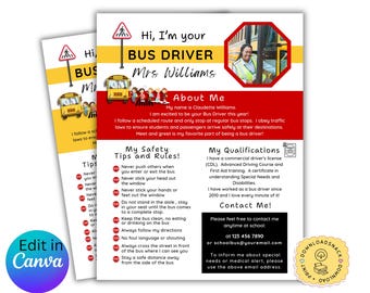 May include: A red and yellow printable bus driver information sheet with a photo of a bus driver. The sheet includes the driver's name, a section about the driver, safety tips and rules, qualifications, and contact information. The text includes the phrase "Hi, I'm your Bus Driver".
