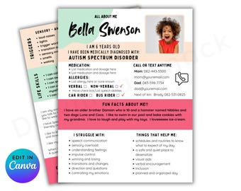 May include: A pink and green printable card with the title "All About Me" and a photo of a young girl. The card includes information about the girl, including her name, age, diagnosis, and interests. The card also includes contact information for her parents and next of kin.