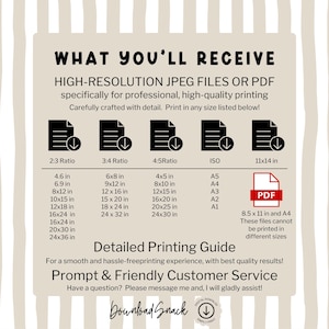 Puede incluir: Un gr&aacute;fico informativo de descarga digital con fondo beige y rayas verticales blancas. Enumera formatos de archivo como JPEG y PDF de alta resoluci&oacute;n, varias relaciones de aspecto como 2:3, 3:4, 4:5, ISO y dimensiones espec&iacute;ficas en cent&iacute;metros.