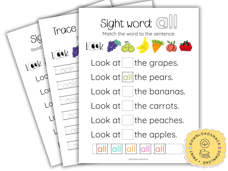 Sight Word ALL Worksheets, Handwriting, Spelling and Match Game Activity, Learn to Read