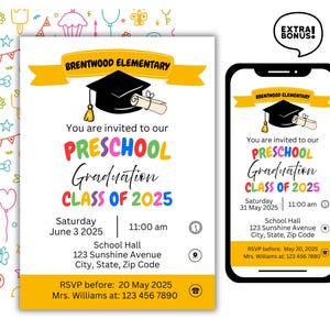 Editable Preschool Graduation Invitation, Last day of school, Announcement Party, Preschool electronic Template, Printable, Pre-K Invite