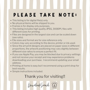 May include: A beige rectangular informational sign with white vertical stripes featuring black text that reads PLEASE TAKE NOTE followed by a list of digital file specifications, printing recommendations, and a Download Snack logo at the bottom.