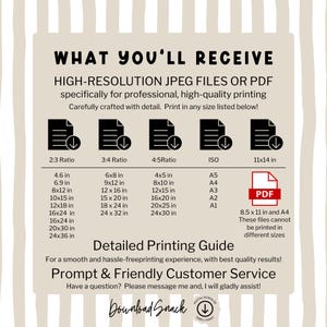 May include: A digital download information graphic titled WHAT YOU'LL RECEIVE, listing high-resolution JPEG and PDF file options. It displays various aspect ratios including 2:3, 3:4, 4:5, ISO, and 11x14 inches, with specific dimensions in inches listed below.