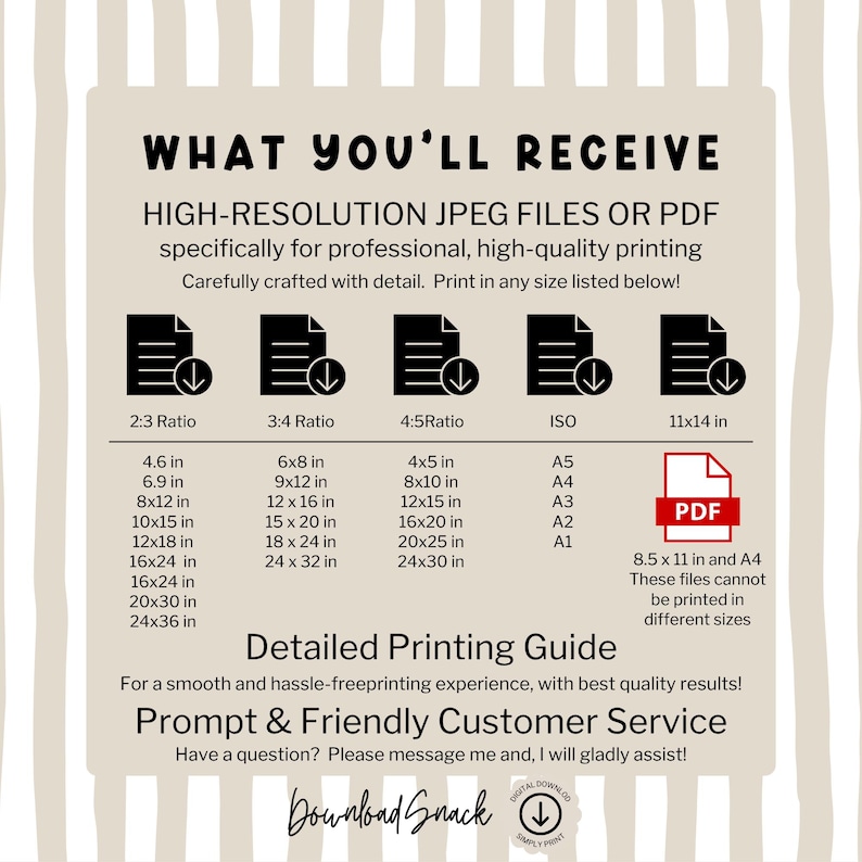 May include: A digital download information graphic titled WHAT YOU'LL RECEIVE, listing high-resolution JPEG and PDF file options. It displays various aspect ratios including 2:3, 3:4, 4:5, ISO, and 11x14 inches, with specific dimensions in inches listed below.