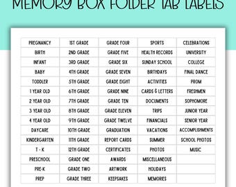 MEMORY box TAB LABELS, Printable, School File Box, Kids School Years Memory Box, Folder Tabs, Organizer, Instant Download, white black