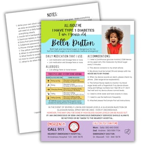 Pode incluir: Uma folha impressa intitulada "Tudo sobre mim" para uma criança com diabetes tipo 1, com a foto da criança, informações médicas e contatos de emergência. Inclui uma lista de medicamentos diários, alergias e acomodações.