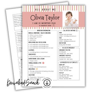 Puede incluir: Una hoja de información imprimible All About Me para una niña llamada Olivia Taylor, de 10 meses. El documento incluye la foto de un bebé, secciones para condiciones médicas, alergias, contactos de emergencia e instrucciones de cuidado.