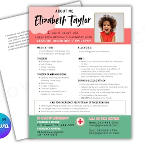 Epilepsy Medical Information Sheet: Seizure Disorder, Editable CANVA Template (Digital Download)