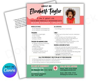 May include: A pink and green printable card with the title "About Me" and a photo of a young girl. The card includes information about a child with a seizure disorder, including triggers, warning signs, and emergency contact information.