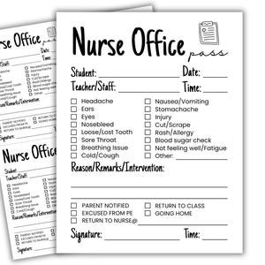 Può includere: Moduli di carta bianca intitolati "Pass per l'ufficio infermieristico" con caselle di controllo per i problemi di salute degli studenti. Include spazi per studente, insegnante/personale, data e ora. Presenta una grafica a forma di appunti.