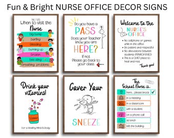 May include: Nine colourful signs with cartoon illustrations and text for a school nurse's office. The signs include: "When to visit the Nurse", "Do you have a Pass", "Welcome to the Nurse's Office", "Drink your Vitamins", "Cover Your Sneeze", "The School Nurse is..."