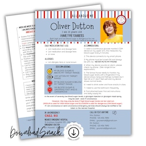 May include: A medical information sheet titled All About Me for a child named Oliver Dutton with Type 1 Diabetes. It includes a photo, emergency contact details, medication lists, Dexcom blood sugar range indicators, and school accommodation instructions.