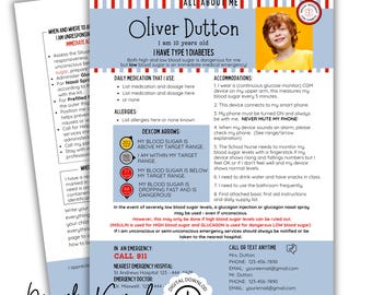 May include: A medical information sheet titled All About Me for a child named Oliver Dutton with Type 1 Diabetes. It includes a photo, emergency contact details, medication lists, Dexcom blood sugar range indicators, and school accommodation instructions.