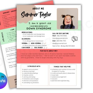 About me Down Syndrome SPECIAL NEEDS Page, Back to School, Editable Template, 1st day of school, medical information, Parent to Teacher