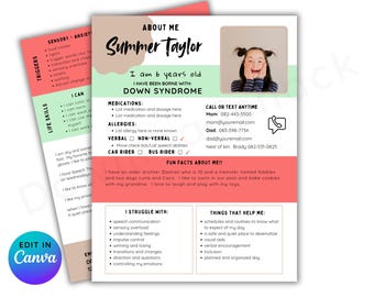 May include: A pink and green printable information card for a child with Down syndrome. The card includes the child's name, age, and information about their needs and preferences. It also includes contact information for the child's parents and a section for fun facts about the child.