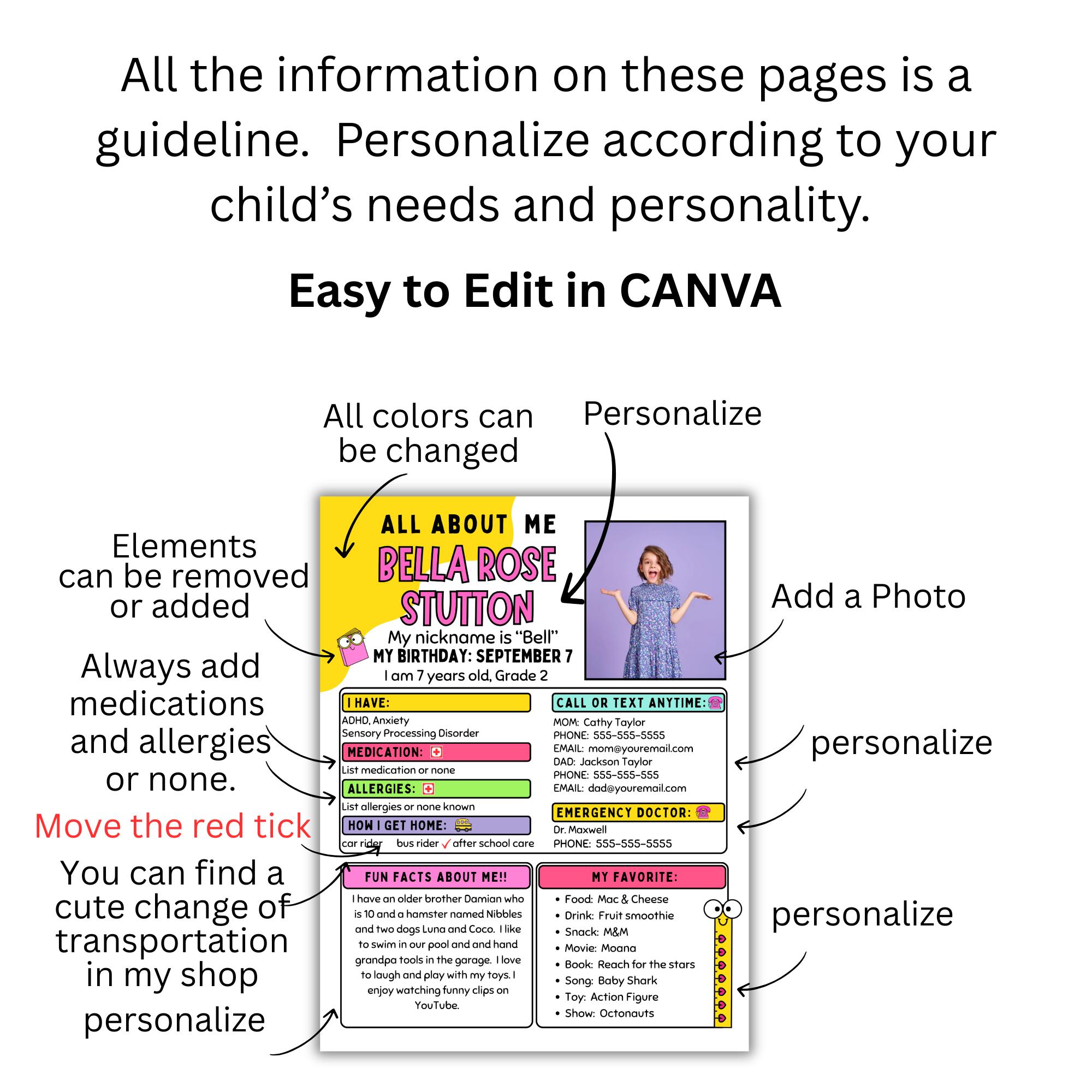 Special Needs Child Information Sheet: ADHD, Autism, Editable CANVA ...