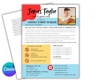 Pode incluir: Um cartão de alerta médico azul e vermelho com uma foto de um menino pequeno. O cartão diz "James Taylor, tenho 8 anos. Tenho: Doença renal crônica". O cartão inclui informações sobre as necessidades médicas do menino, os medicamentos, as alergias e as informações de contato de emergência.