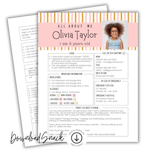 May include: A printable All About Me information sheet featuring a pink and orange striped header, a photo of a child with glasses, and sections for personal details, emergency contacts, medical information, and daily communication preferences.