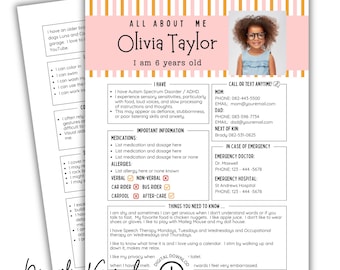 May include: A printable All About Me information sheet featuring a pink and orange striped header, a photo of a child with glasses, and sections for personal details, emergency contacts, medical information, and daily communication preferences.