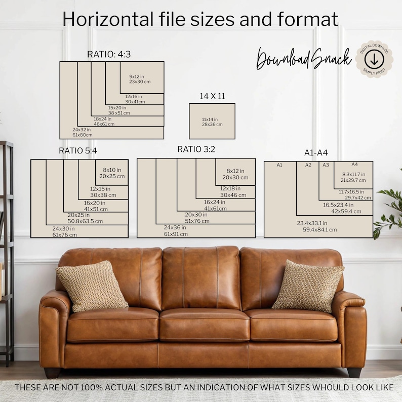 May include: An informational chart titled Horizontal file sizes and format displaying various aspect ratios and dimensions in inches and centimeters for digital prints, positioned above a brown leather sofa with two textured beige throw pillows.