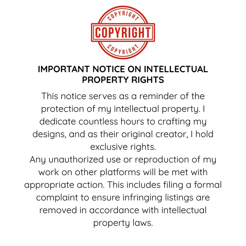 Puede incluir: Un letrero rectangular blanco con un sello de copyright circular rojo en la parte superior con el texto COPYRIGHT. Debajo, el texto dice IMPORTANT NOTICE ON INTELLECTUAL PROPERTY RIGHTS seguido de un p&aacute;rrafo sobre la protecci&oacute;n de la propiedad intelectual, la creaci&oacute;n original, los derechos exclusivos y una advertencia sobre el uso no autorizado.