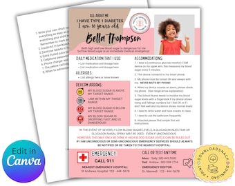 May include: A pink and white printable card with the title "All About Me" and a photo of a young girl. The card includes information about type 1 diabetes, daily medication, allergies, and accommodations. It also includes emergency contact information.