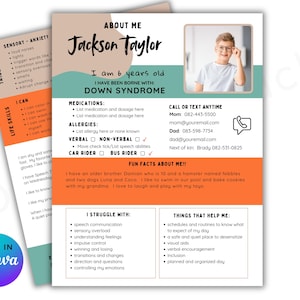 All About Me, Down Syndrome,  SPECIAL NEEDS Page, Back To School Information, Disability, Editable Template, 1st day of school, medical info