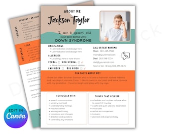 May include: A printable information card for a 6-year-old child with Down syndrome. The card includes a photo of the child, contact information for parents, and details about the child's needs and interests. The card is designed to be used by teachers, caregivers, and other adults who interact with the child.