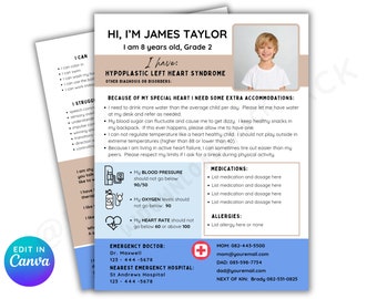 May include: A printable medical information card for a child with Hypoplastic Left Heart Syndrome. The card includes the child's name, age, grade, diagnosis, and medical needs. It also includes contact information for the child's parents and emergency contacts.