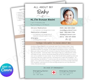 May include: A light blue and brown printable card with a photo of a baby boy. The card includes information about the baby, such as their name, age, birthday, and contact information for their parents. The card also includes a section for allergies, medications, and things to know about the baby.