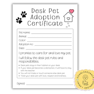 Desk Pet Adoption Certificate Printable, Desk Pet Habitat, Teacher Desk, Classroom Desk Pet Adoption, Positive Classroom Behavior Management