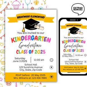 Editable Kindergarten Graduation Invitation, Last day of school, Announcement Party, Preschool electronic Template, Printable, Pre-K Invite