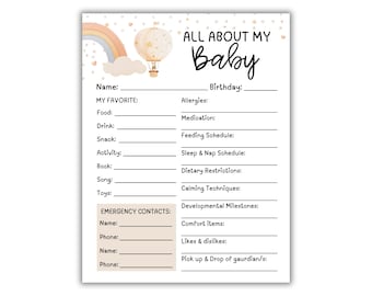 May include: A white printable sheet with the text "ALL ABOUT MY BABY" in black script. The sheet includes sections for baby's name, favorites, allergies, and emergency contacts. Decorative elements include a rainbow, hot air balloon, and stars.