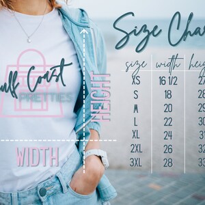 May include: Size chart for a white t-shirt with the text "Gulf Coast Pretties" and a pink shopping bag graphic. The chart shows sizes XS through 3XL with corresponding width and height measurements in inches.